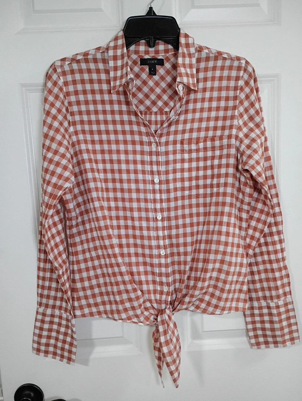 J. Crew Rust and White Gingham Button-Front Tie Shirt